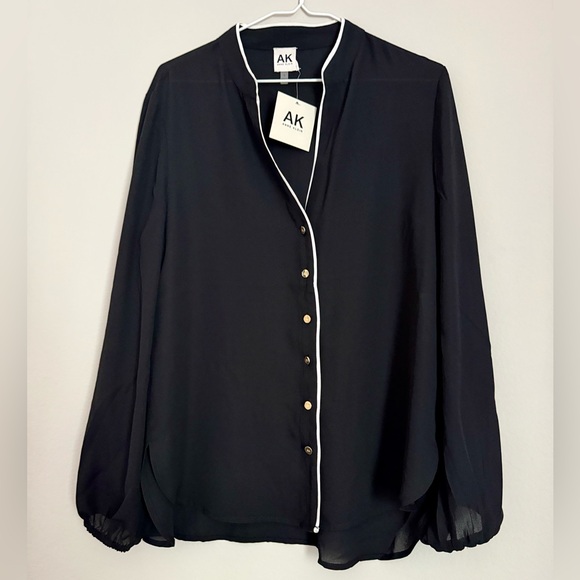 Anne Klein V-Neck Button Down Long Sleeve Chiffon Blouse with White Trim - Picture 4 of 4